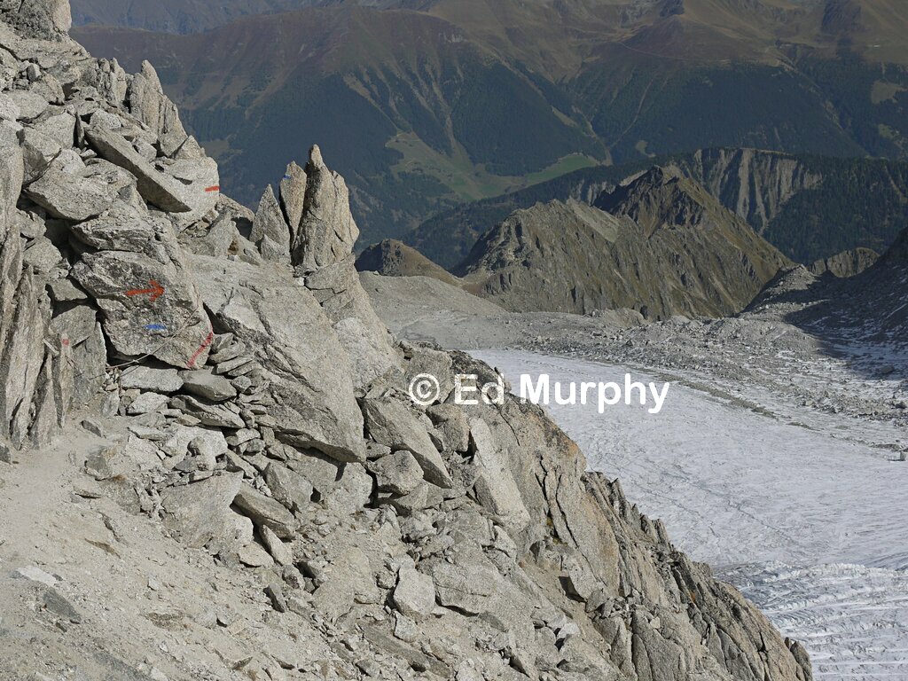 The heavily marked upper part of the Trient Hut route