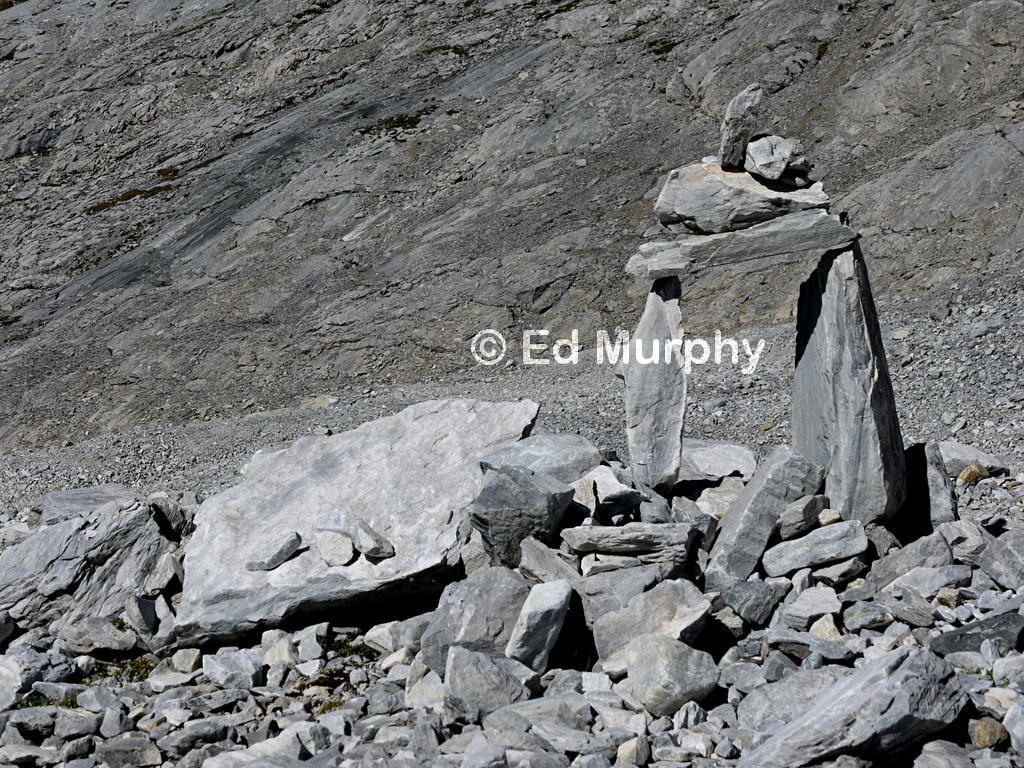 Stone art on the moraine of the Brunegg Glacier