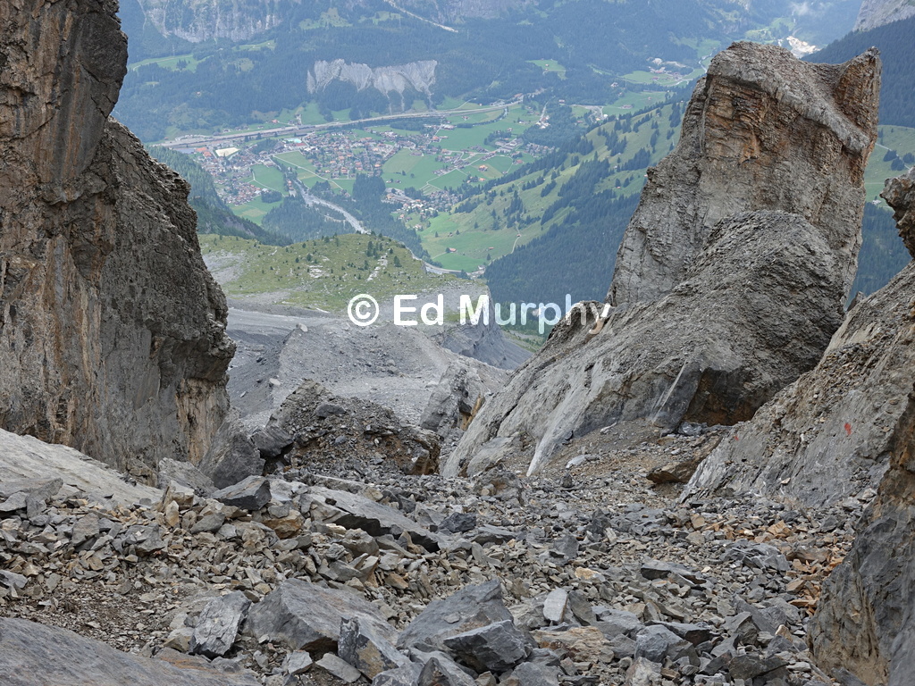 View from the rock towers and rubble around the Spitzstein to Kandersteg Village