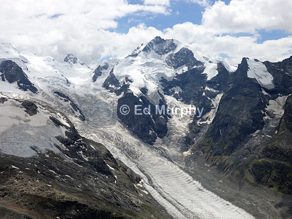 The view of Piz Bernina and the Morteratsch Glacier from the Diavolezza